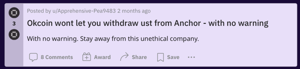 okcoin complaint blocked withdrawls anchor