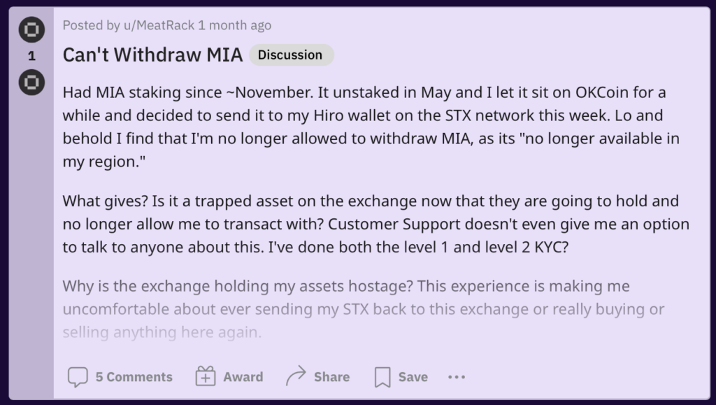 okcoin complaint blocked withdrawls mia