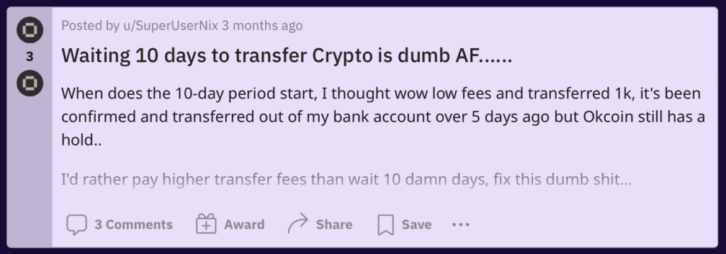okcoin complaint funds in holding