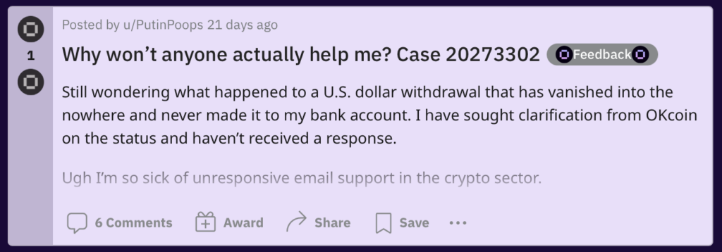okcoin complaint reddit missing funds